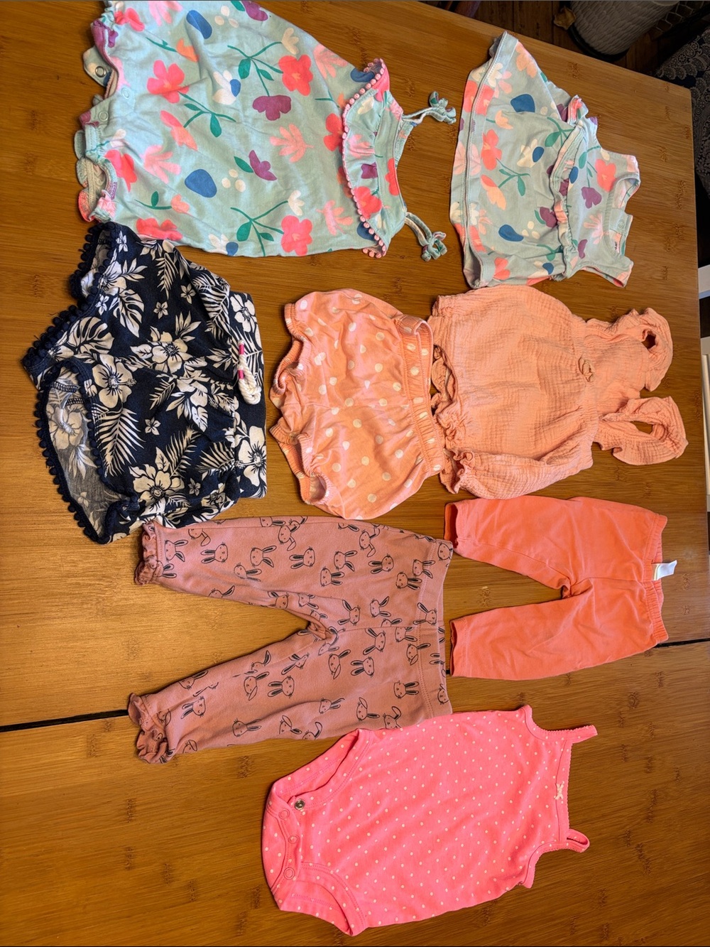 9 Month Girls Mix: Pink, Coral, Navy & Mint Floral Shorts and Rompers Set